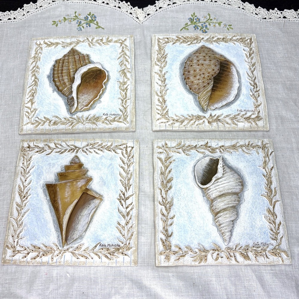 Kate McRostie Seashell Wall Art Plaques Set of 4 Coastal Blue Beige Relief Decor